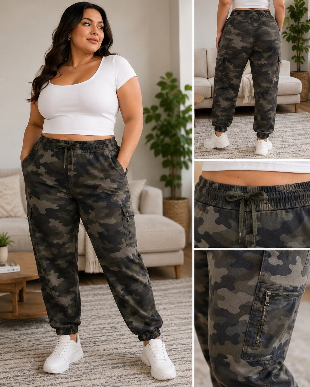 JustFab Camo Jogger Pants 2X Cargo Zip Pocket Drawstring